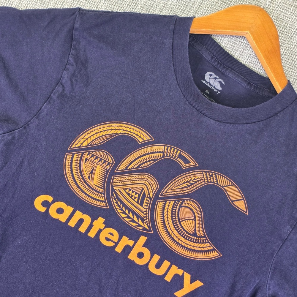 Canterbury Rugby T Shirt Mens Small Navy Blue Orange Maori Tribal Graphic Sporty